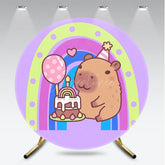 Aperturee - Aperturee Cute Capybara Birthday Party Round Backdrop Kit Pastel Rainbow and Cake Kawaii Animal Theme for Kids Decor